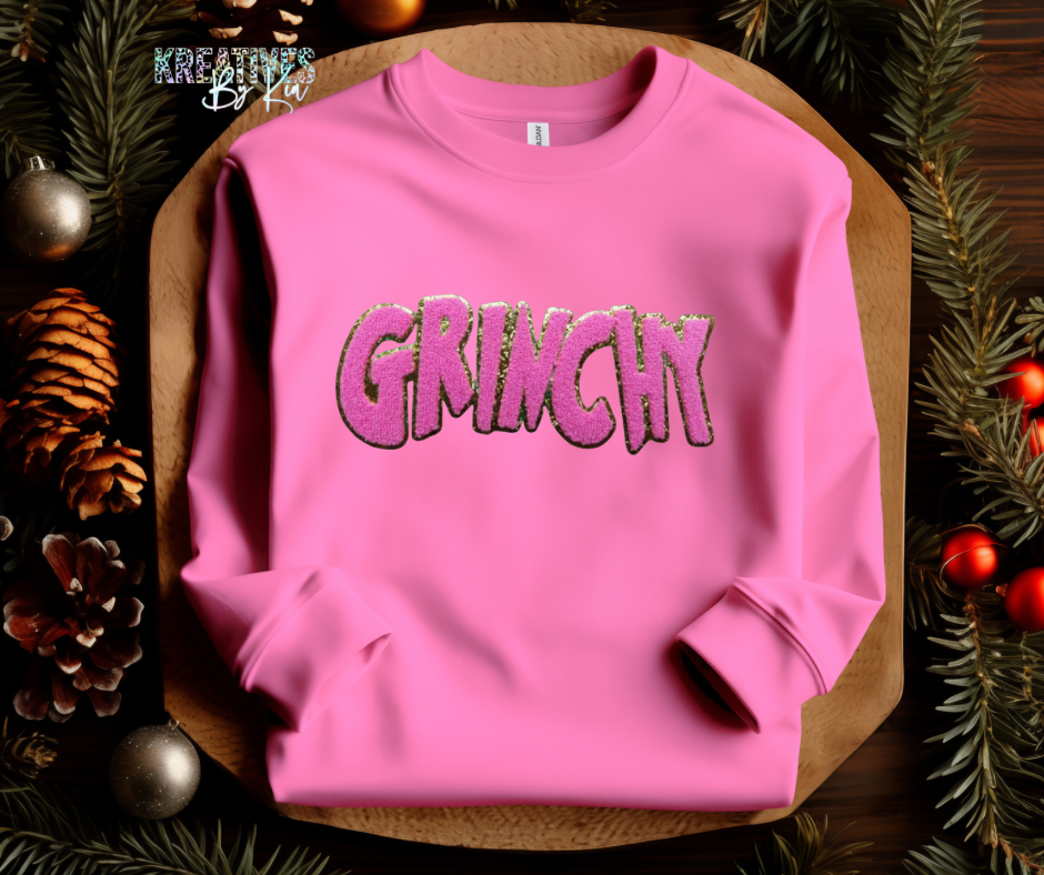 Pink Grinchy Chenille Patch Sweatshirt(Preorder)