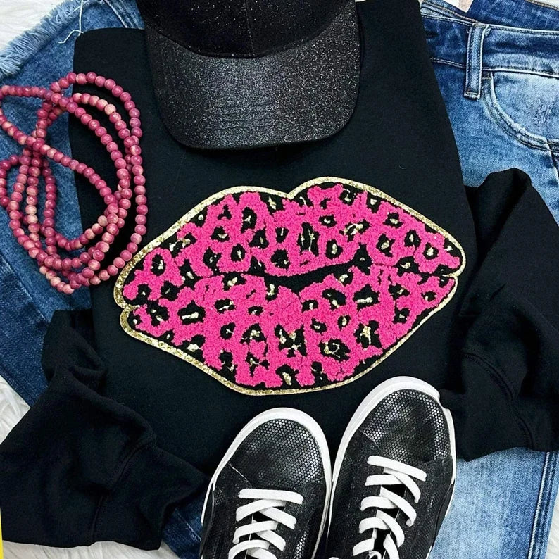 Pink Leopard Lips Chenille Patch Sweatshirt