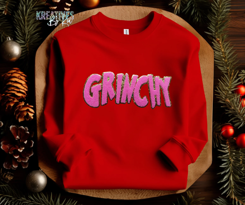 Pink Grinchy Chenille Patch Sweatshirt(Preorder)