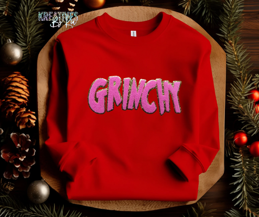 Pink Grinchy Chenille Patch Sweatshirt(Preorder)