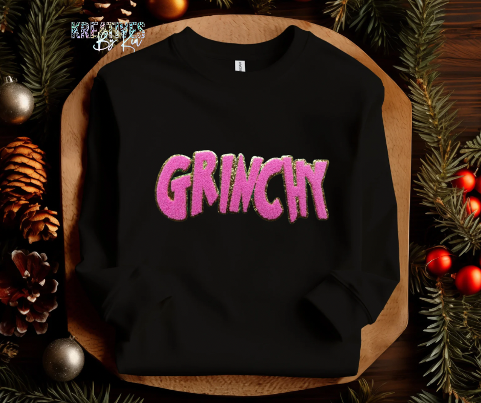 Pink Grinchy Chenille Patch Sweatshirt(Preorder)