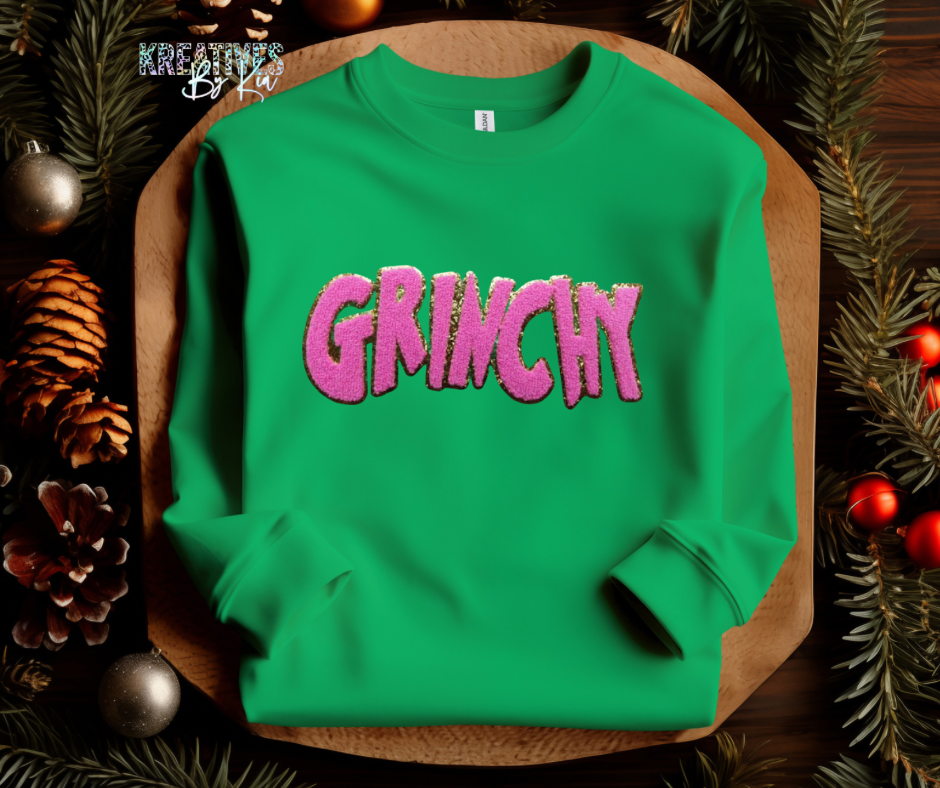 Pink Grinchy Chenille Patch Sweatshirt(Preorder)