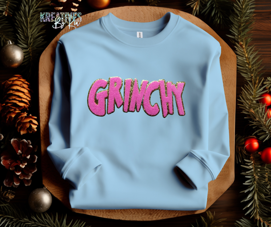 Pink Grinchy Chenille Patch Sweatshirt(Preorder)