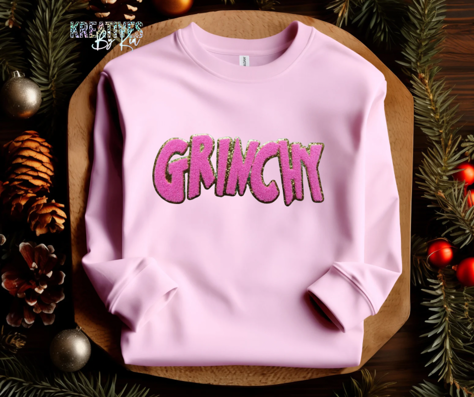 Pink Grinchy Chenille Patch Sweatshirt(Preorder)