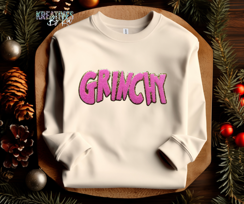 Pink Grinchy Chenille Patch Sweatshirt(Preorder)