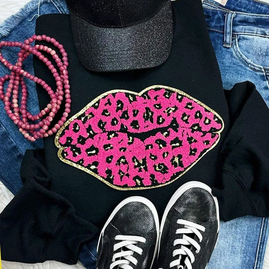 Pink Leopard Lips Chenille Patch Sweatshirt